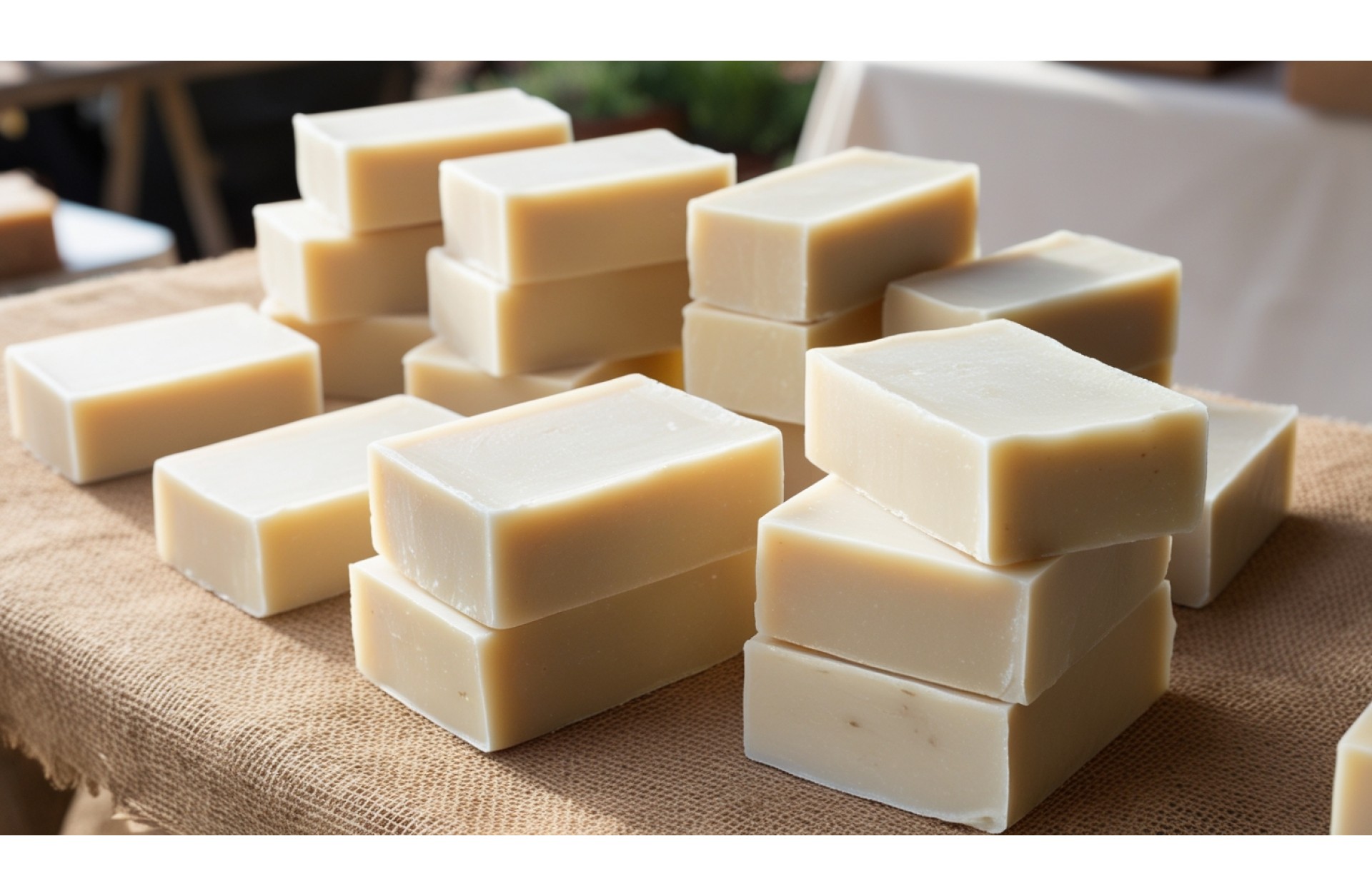 Hero image of hand made cold process soaps in a Farmers Market in California